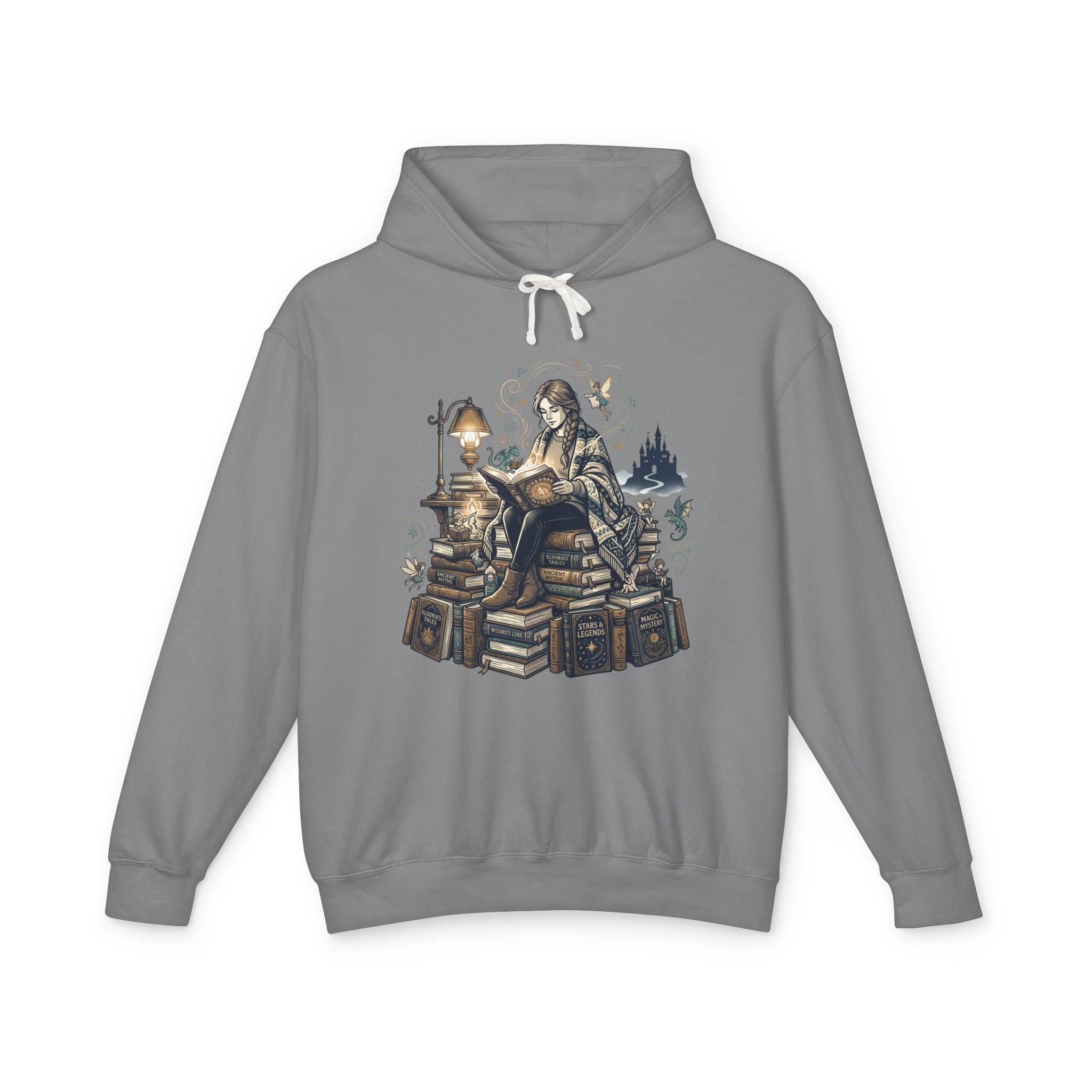Cozy Booklover Hoodie - Girl Reading on Stacked Books Graphic Sweatshirt