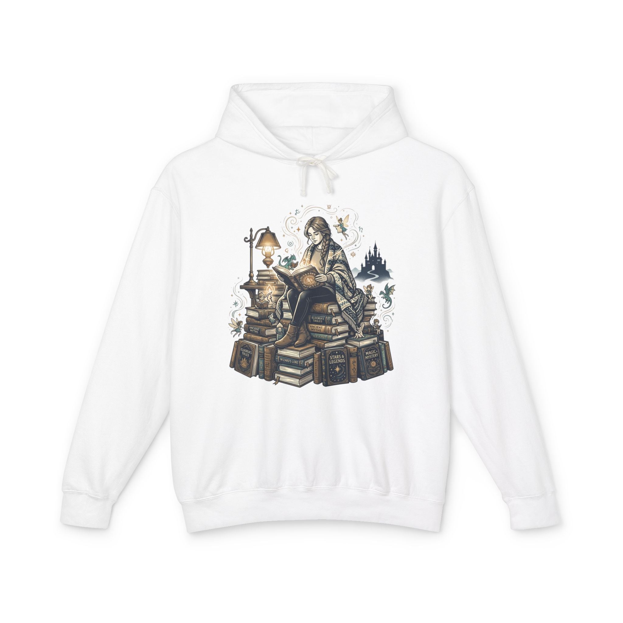 Cozy Booklover Hoodie - Girl Reading on Stacked Books Graphic Sweatshirt