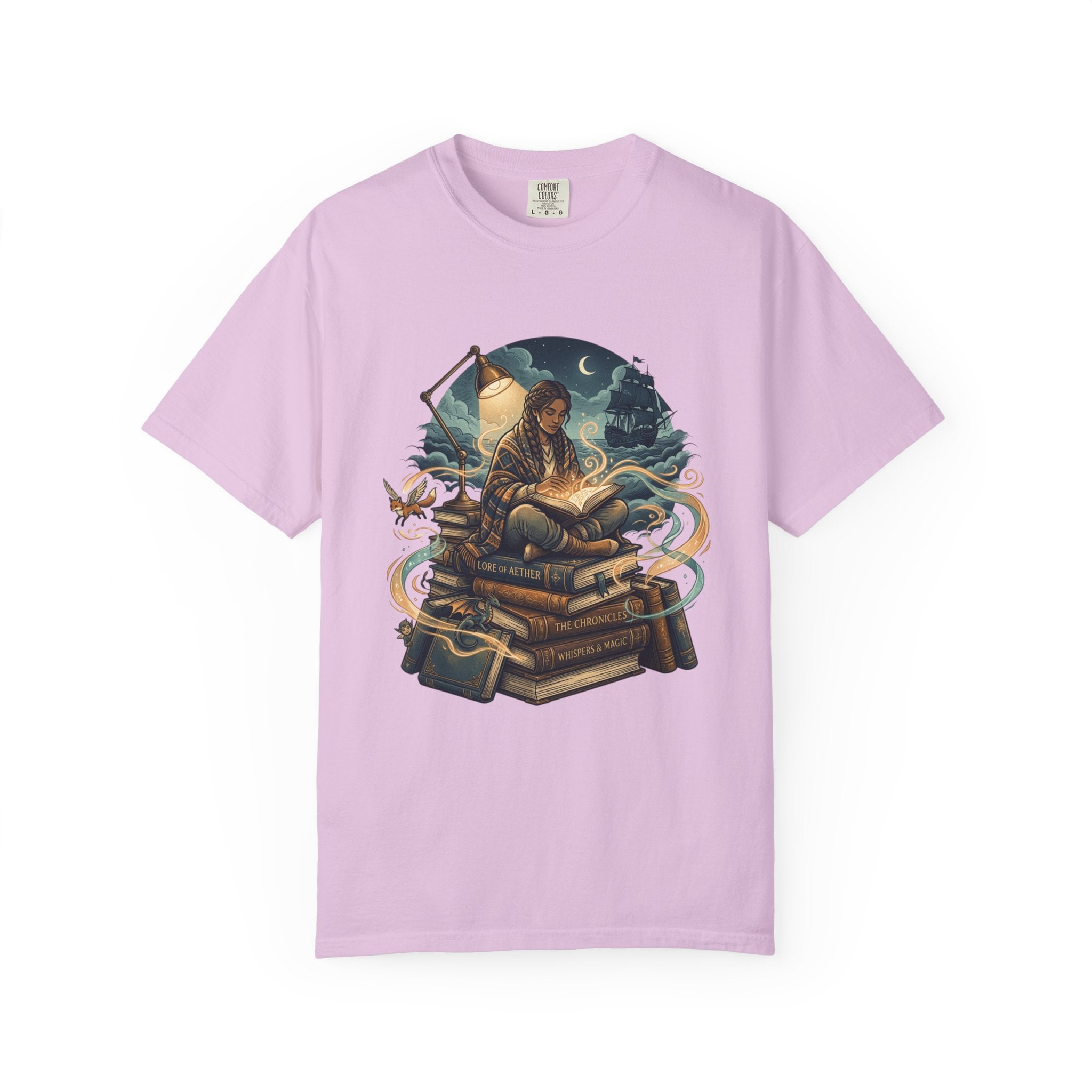 Booklover T-Shirt — Nighttime Reader on Stacked Books Graphic Tee