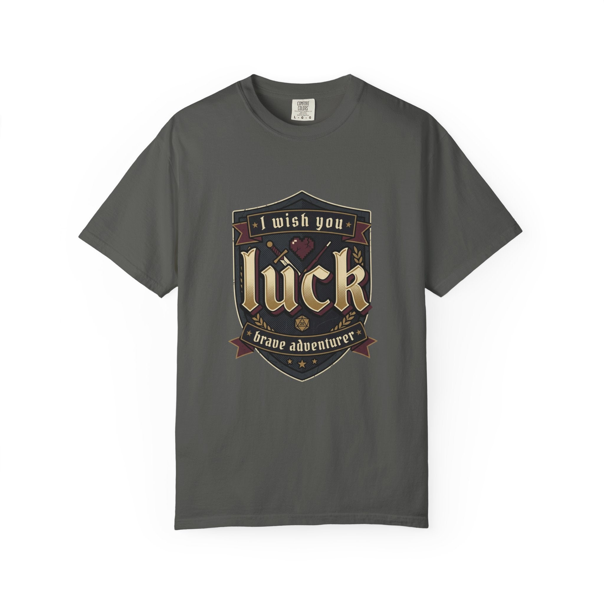Luck Shield T-Shirt — "I Wish You Luck, Brave Adventurer" Vintage Gaming Tee