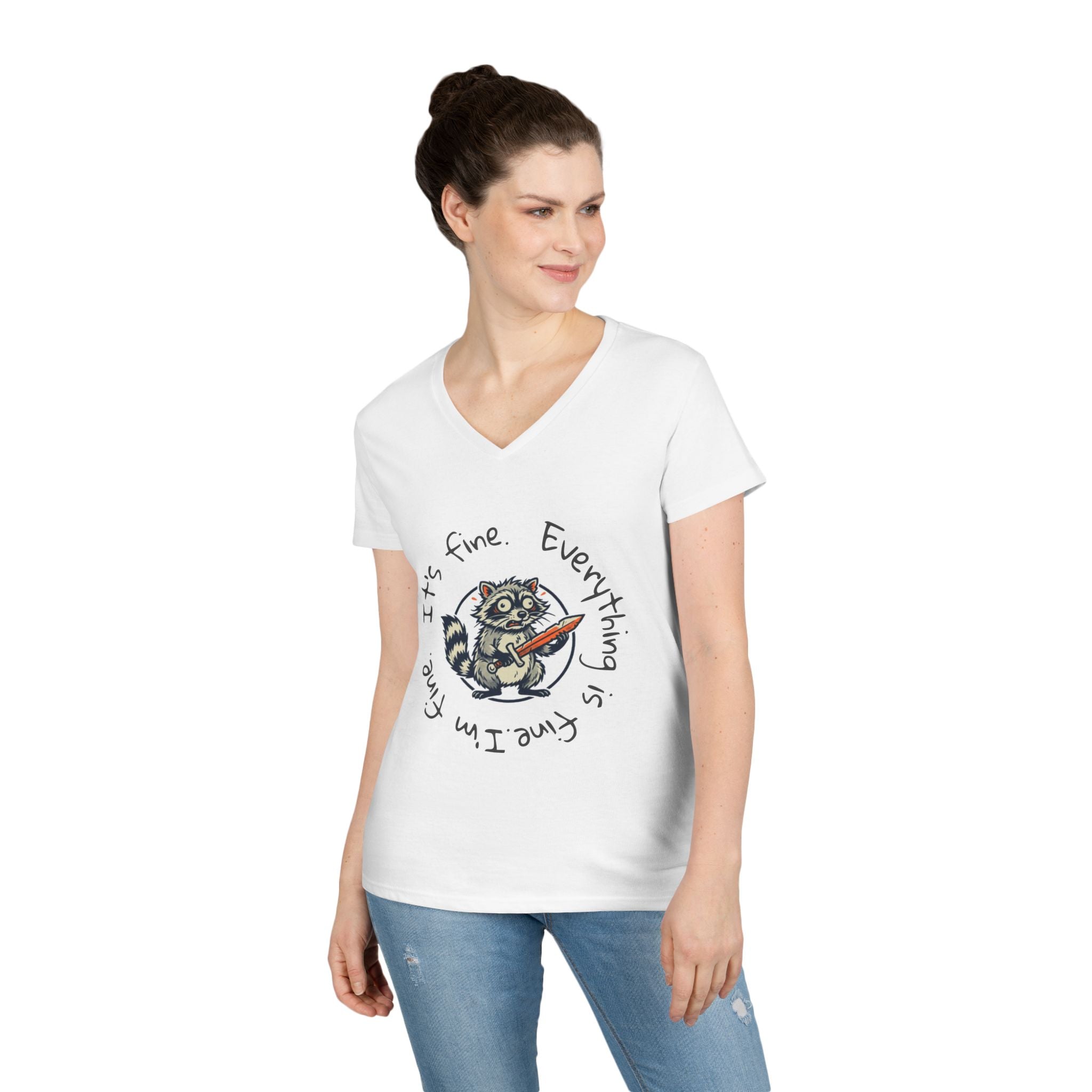 Raccoon V-Neck Tee — "It's Fine. Everything is Fine." Ladies' Graphic Shirt