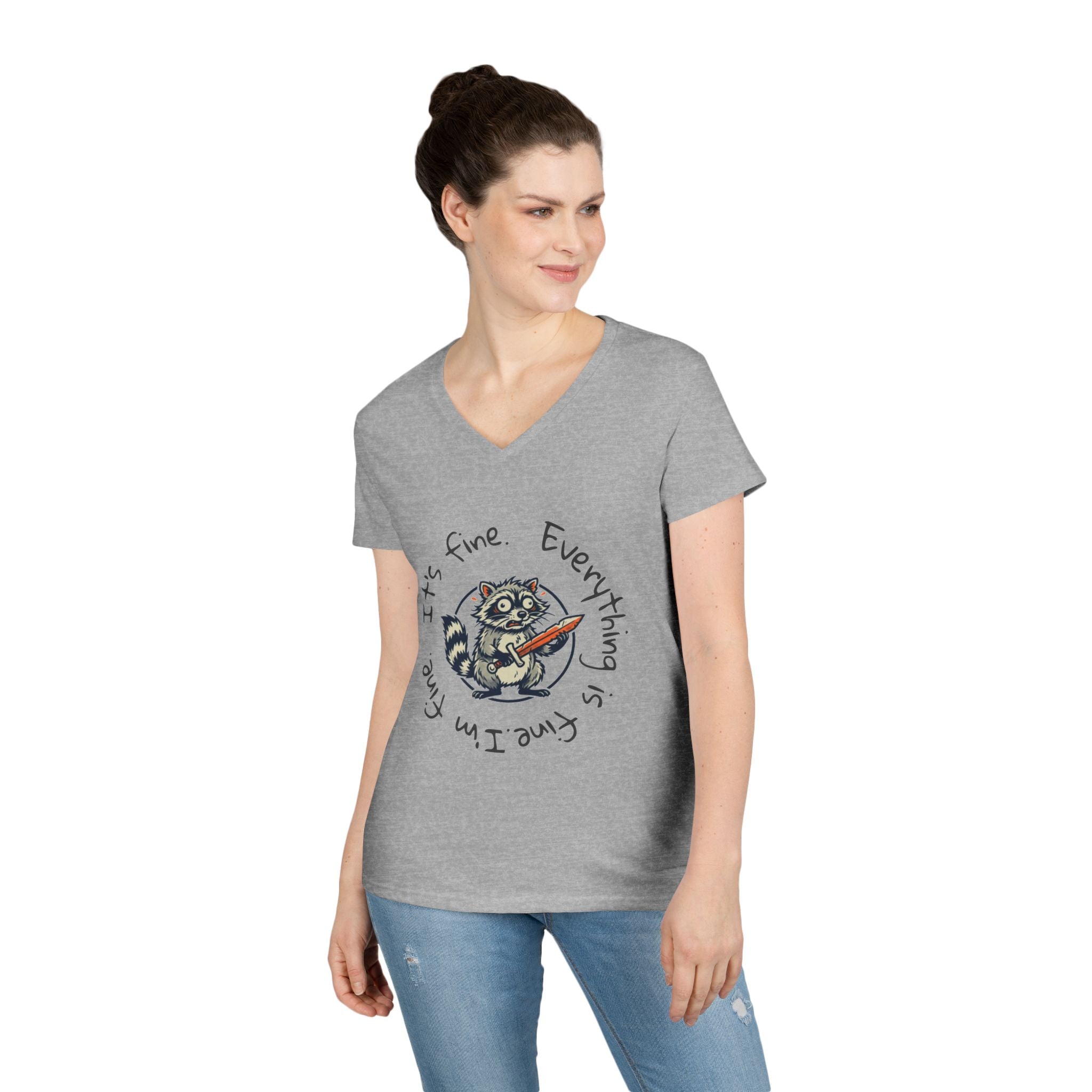 Raccoon V-Neck Tee — "It's Fine. Everything is Fine." Ladies' Graphic Shirt