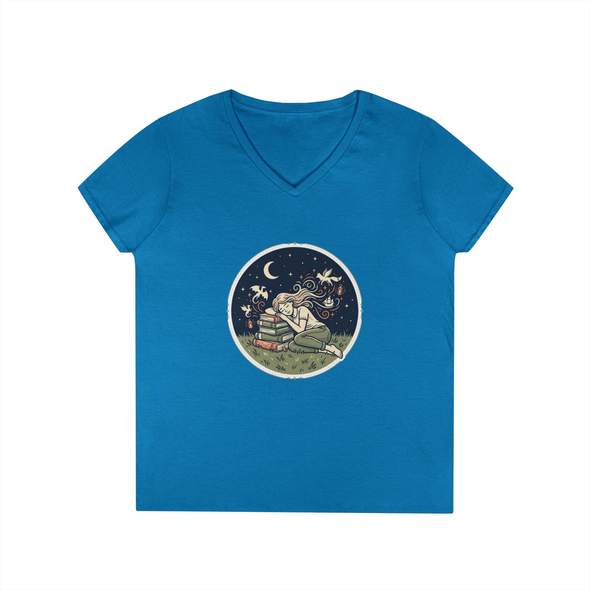 Celestial Reading V-Neck Tee — Night Sky Book Lover Shirt