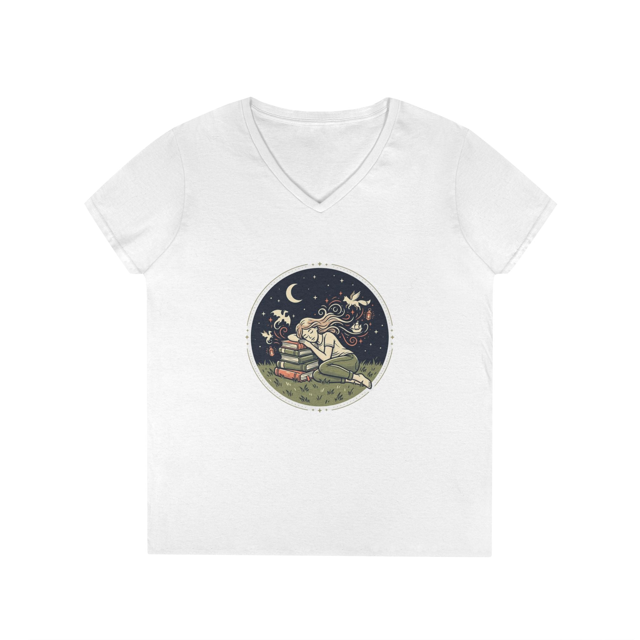 Celestial Reading V-Neck Tee — Night Sky Book Lover Shirt