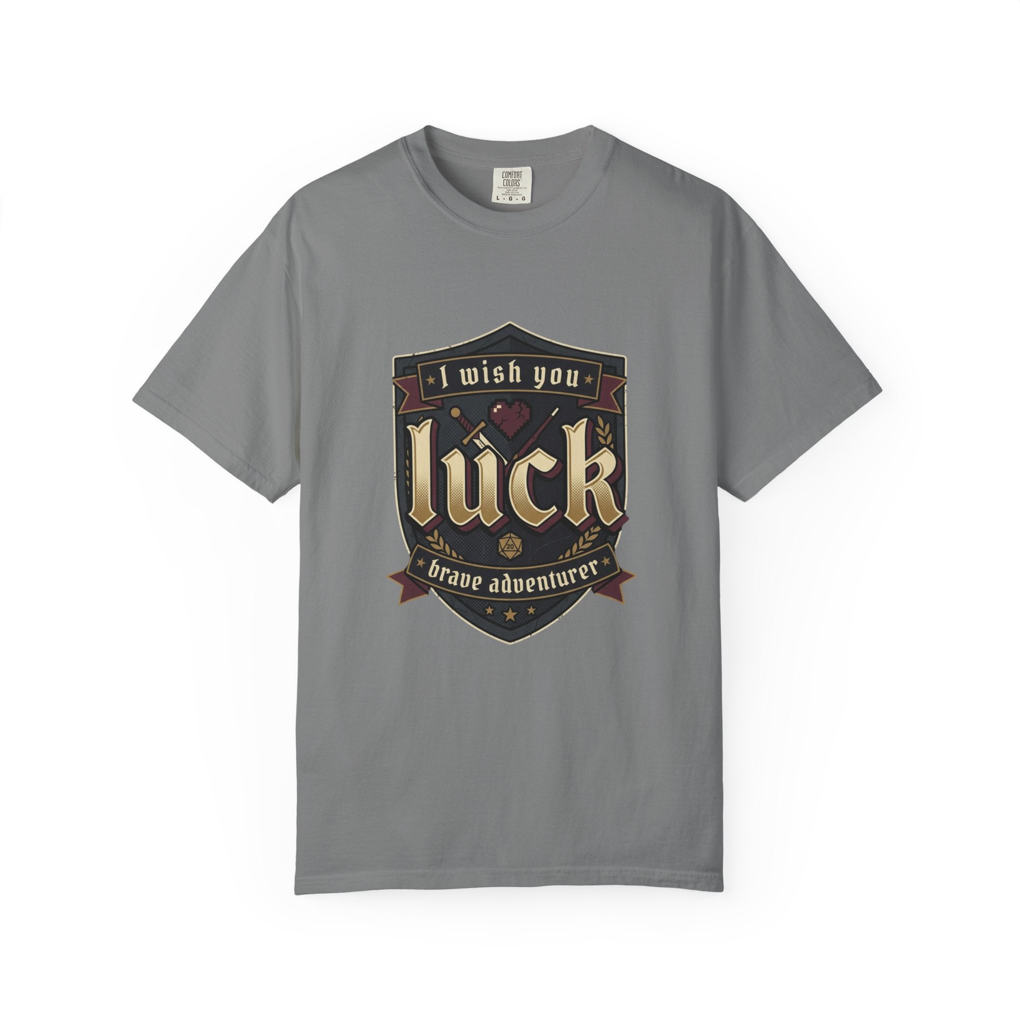 Luck Shield T-Shirt — "I Wish You Luck, Brave Adventurer" Vintage Gaming Tee