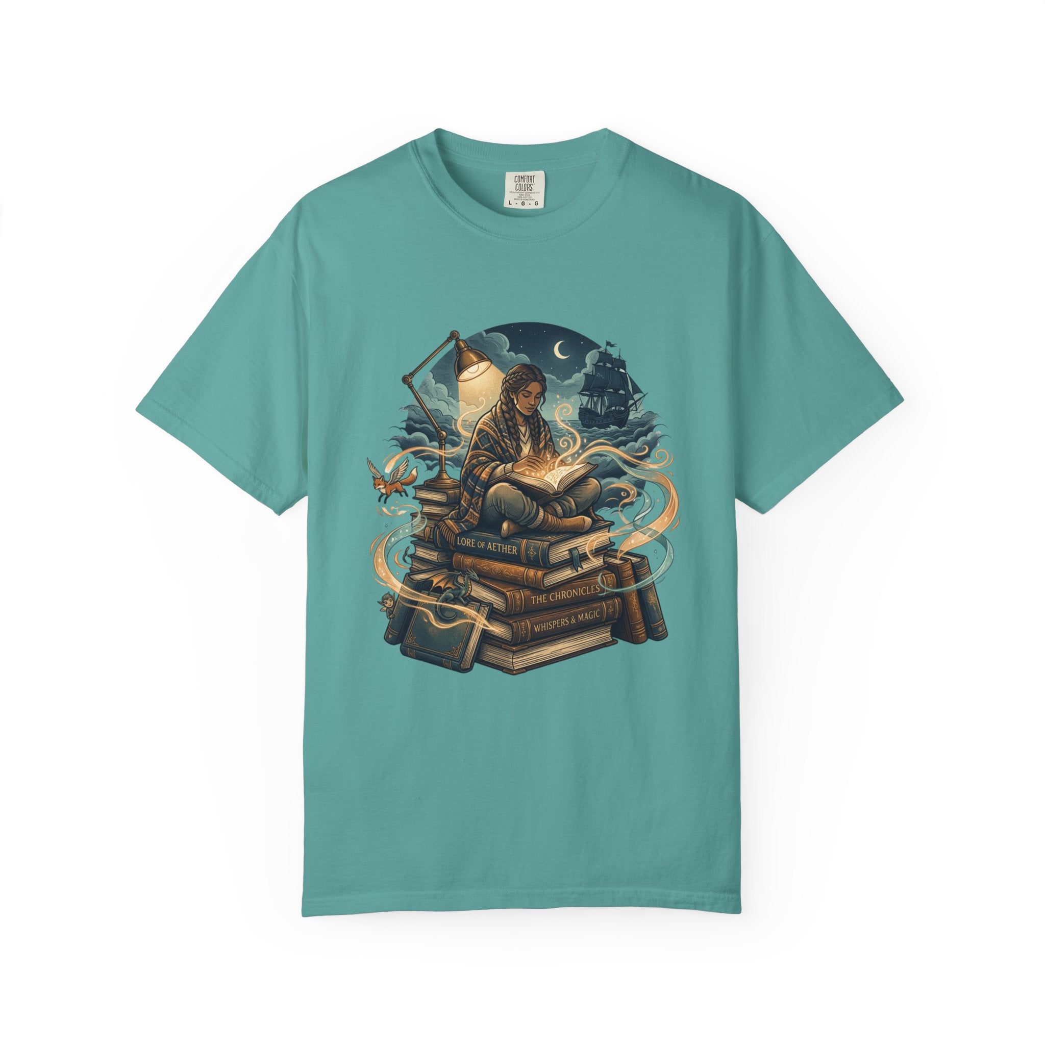 Booklover T-Shirt — Nighttime Reader on Stacked Books Graphic Tee