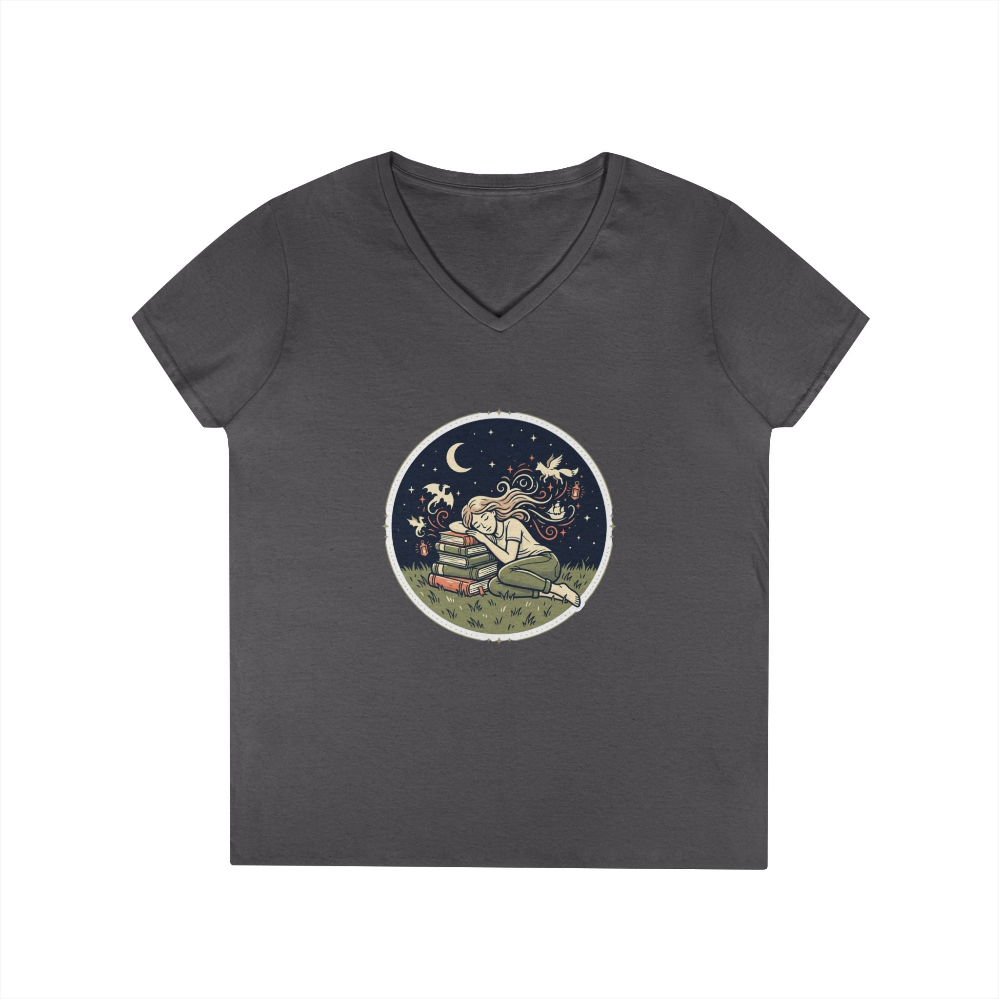 Celestial Reading V-Neck Tee — Night Sky Book Lover Shirt