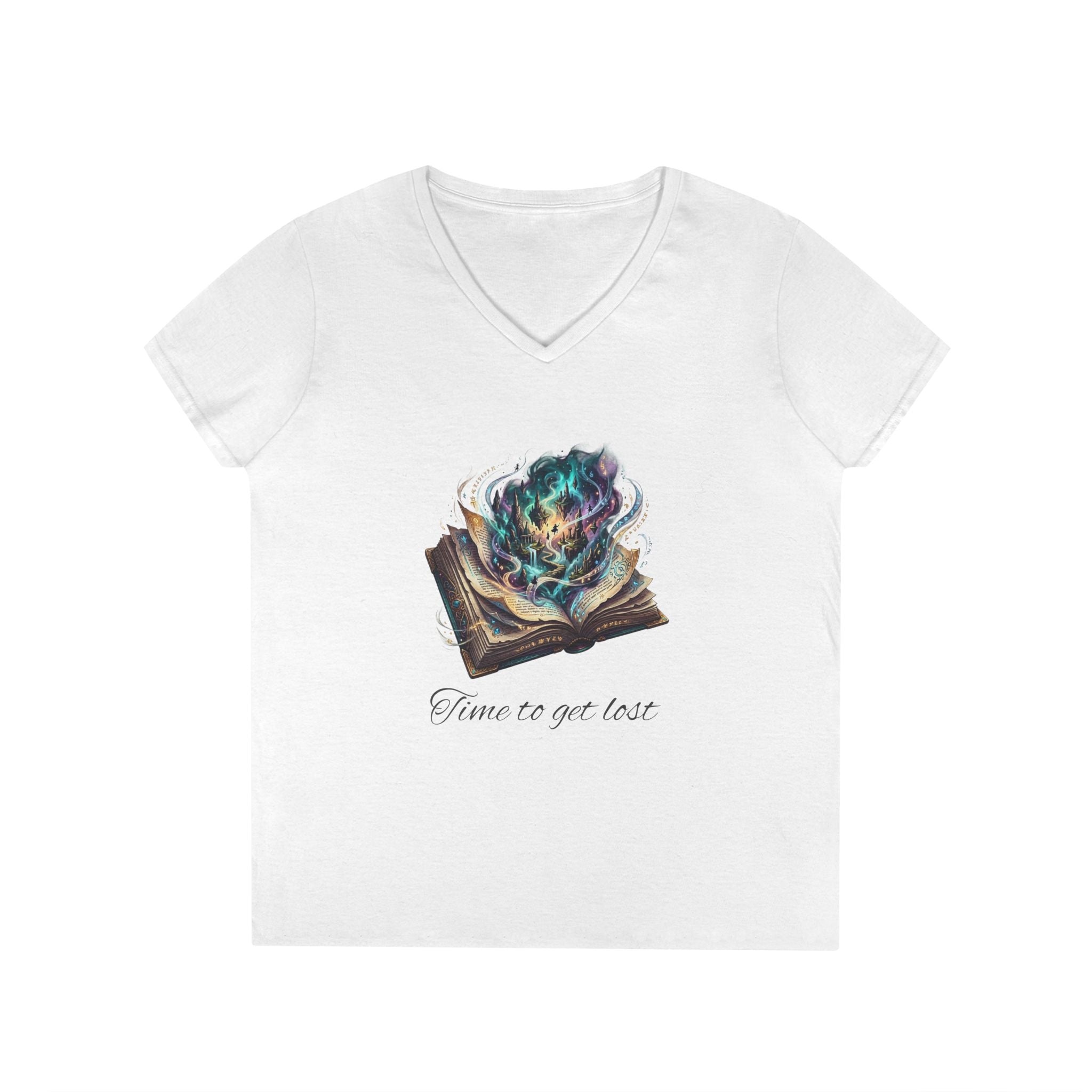 Magic Open Book Ladies' V-Neck T-Shirt — Mystic Flame Reading Tee