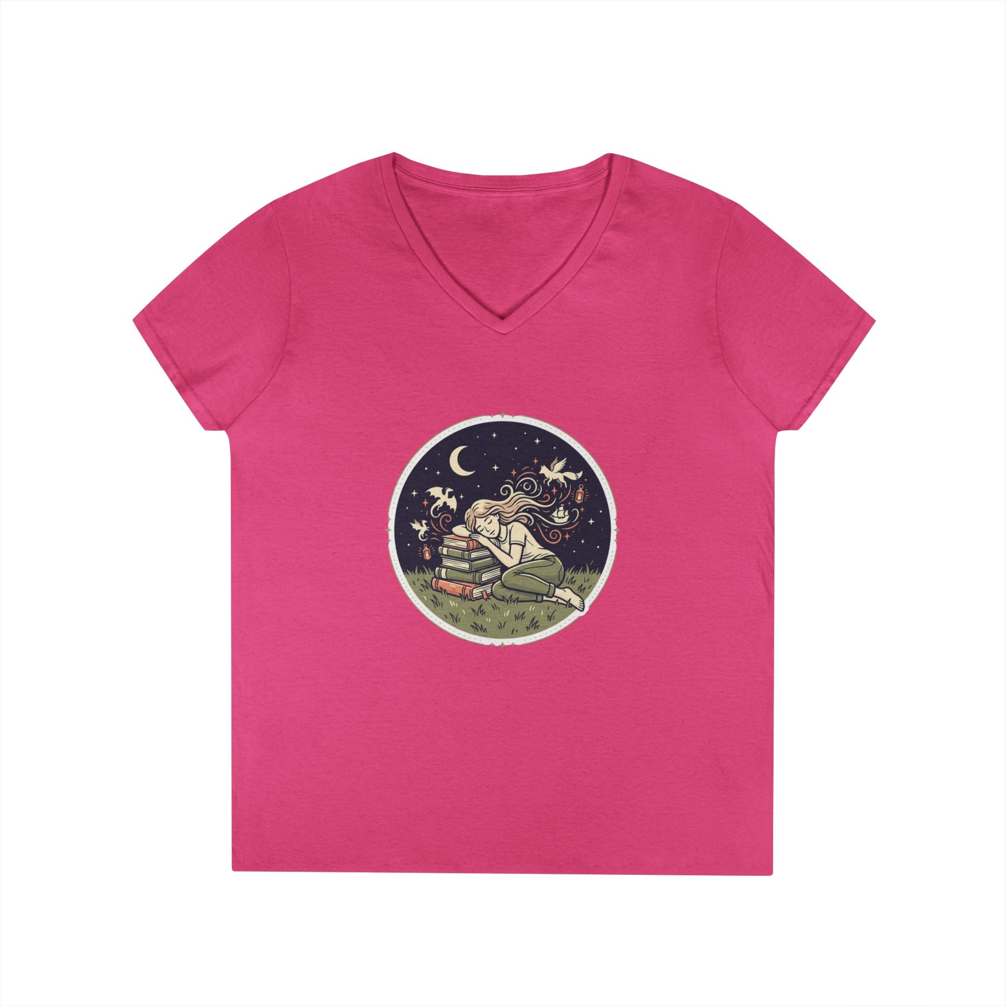 Celestial Reading V-Neck Tee — Night Sky Book Lover Shirt