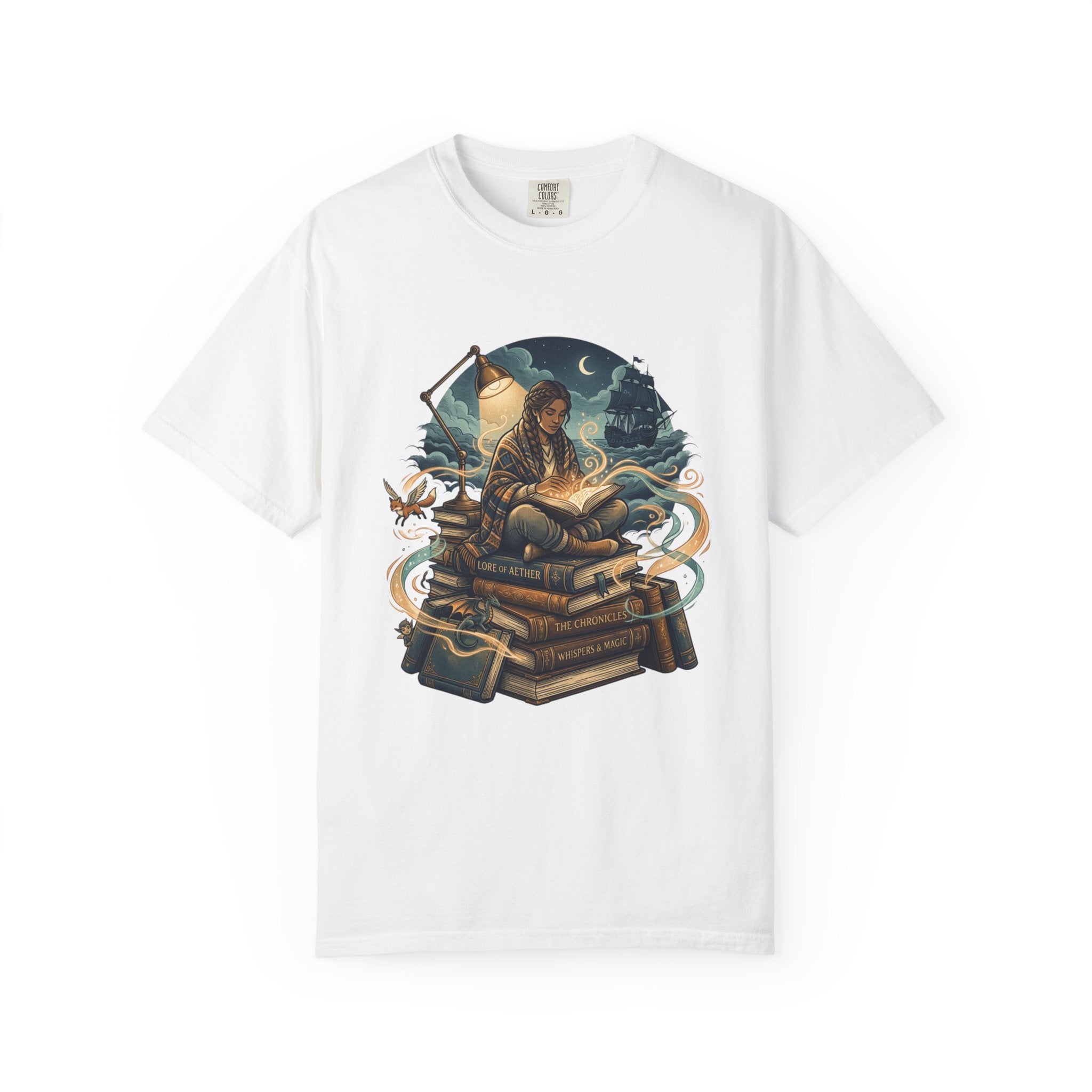 Booklover T-Shirt — Nighttime Reader on Stacked Books Graphic Tee