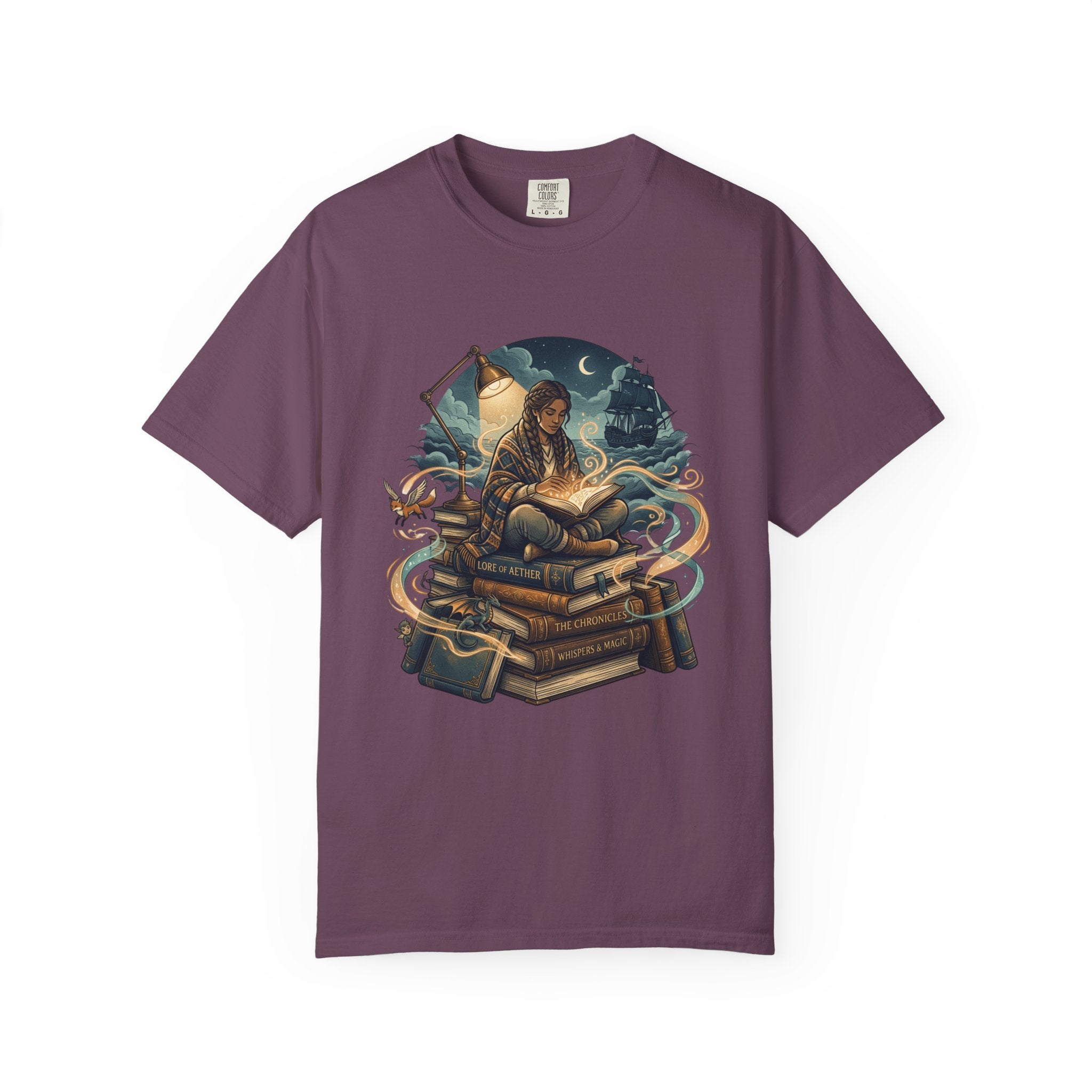 Booklover T-Shirt — Nighttime Reader on Stacked Books Graphic Tee