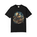 Booklover T-Shirt — Nighttime Reader on Stacked Books Graphic Tee
