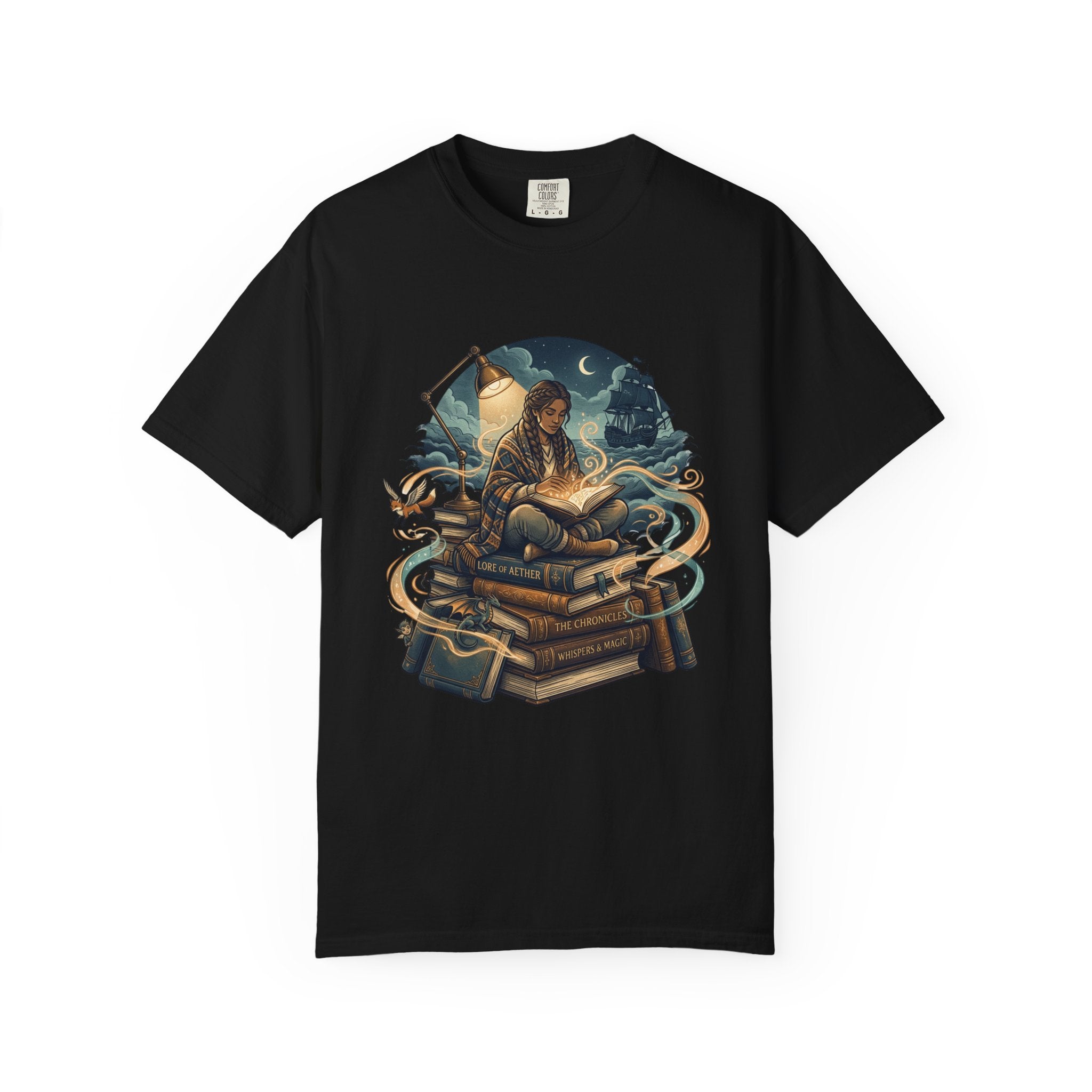 Booklover T-Shirt — Nighttime Reader on Stacked Books Graphic Tee