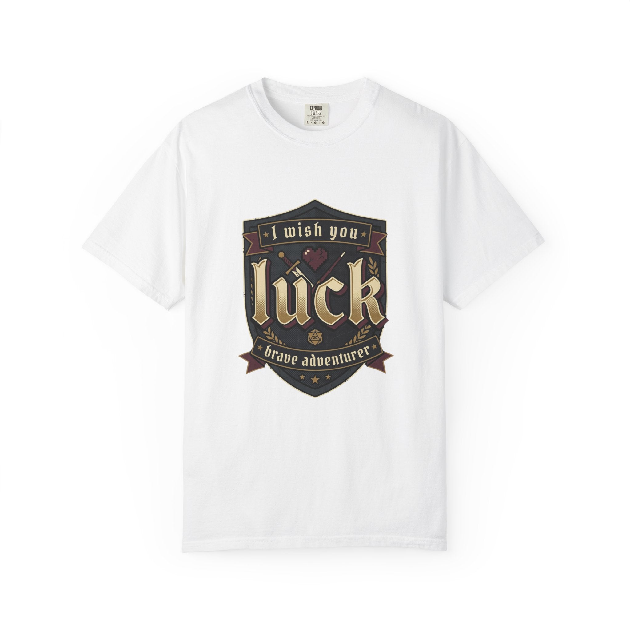 Luck Shield T-Shirt — "I Wish You Luck, Brave Adventurer" Vintage Gaming Tee