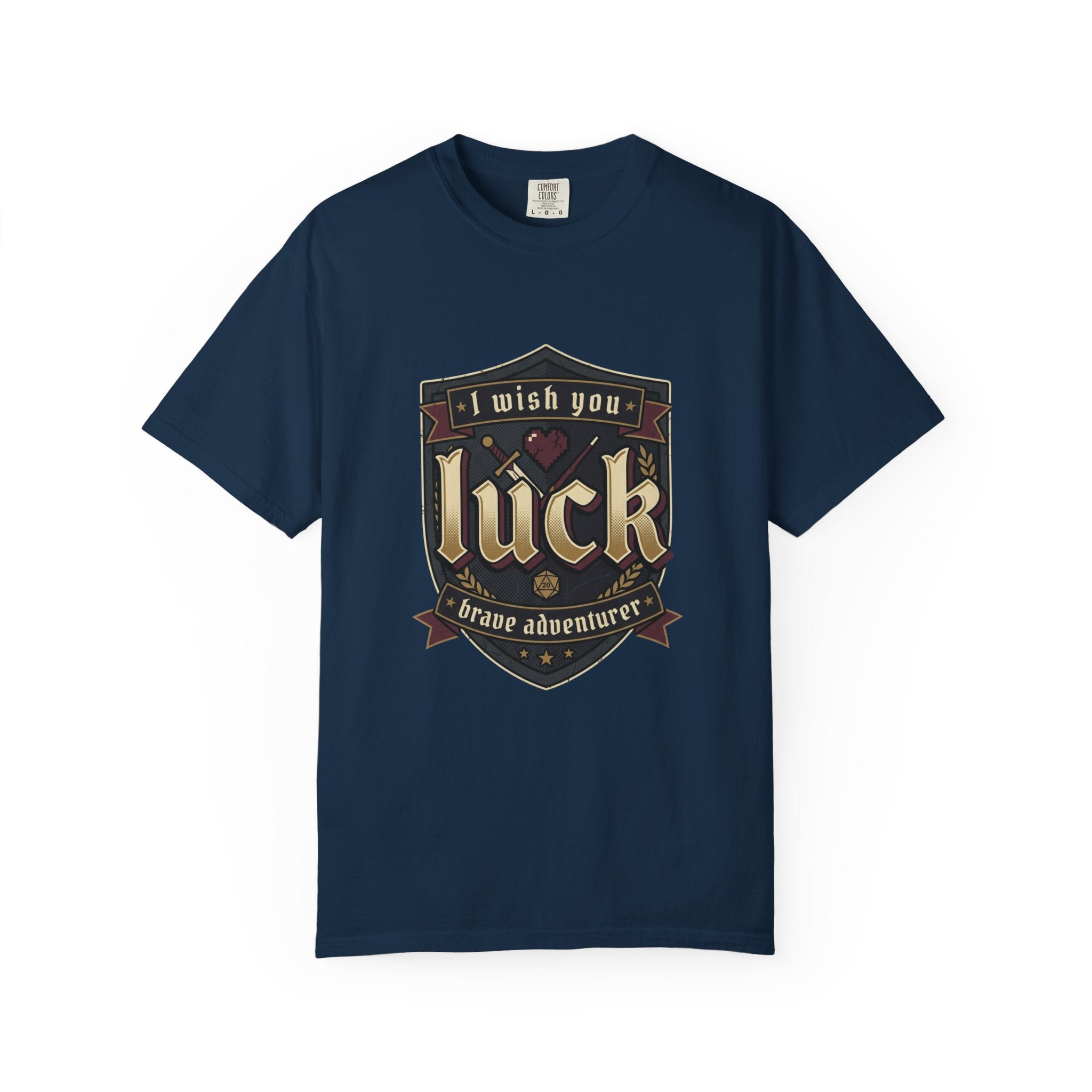 Luck Shield T-Shirt — "I Wish You Luck, Brave Adventurer" Vintage Gaming Tee