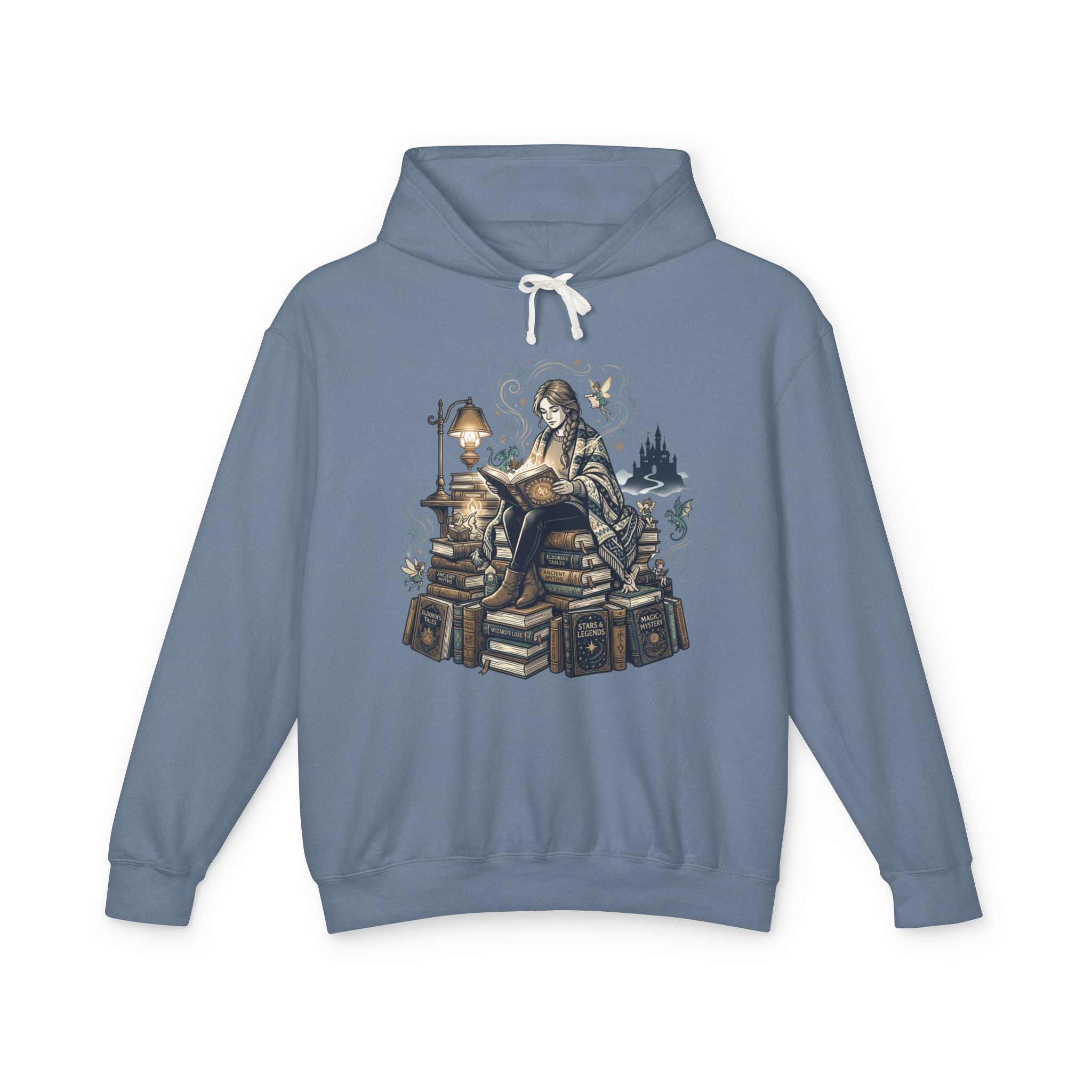 Cozy Booklover Hoodie - Girl Reading on Stacked Books Graphic Sweatshirt