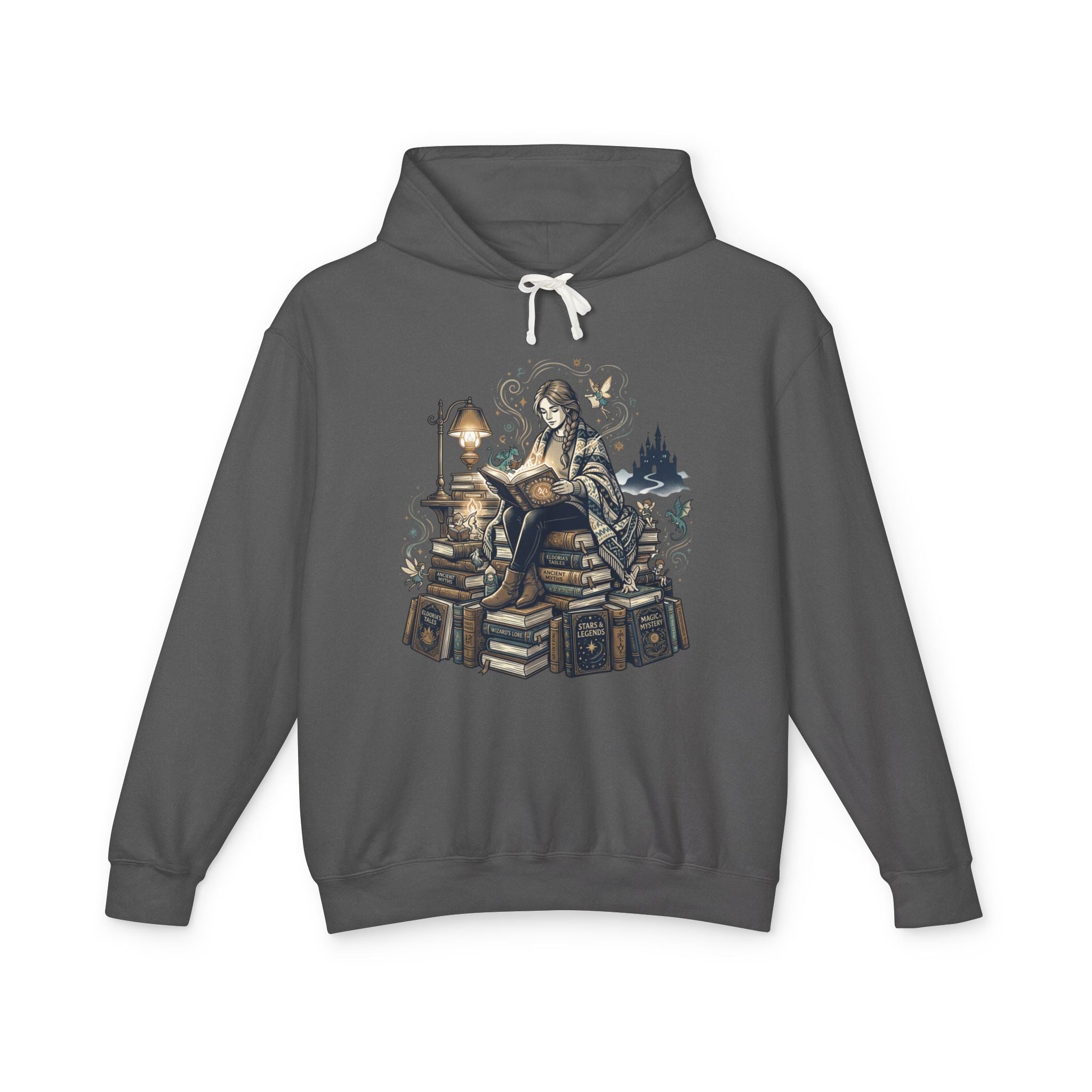 Cozy Booklover Hoodie - Girl Reading on Stacked Books Graphic Sweatshirt