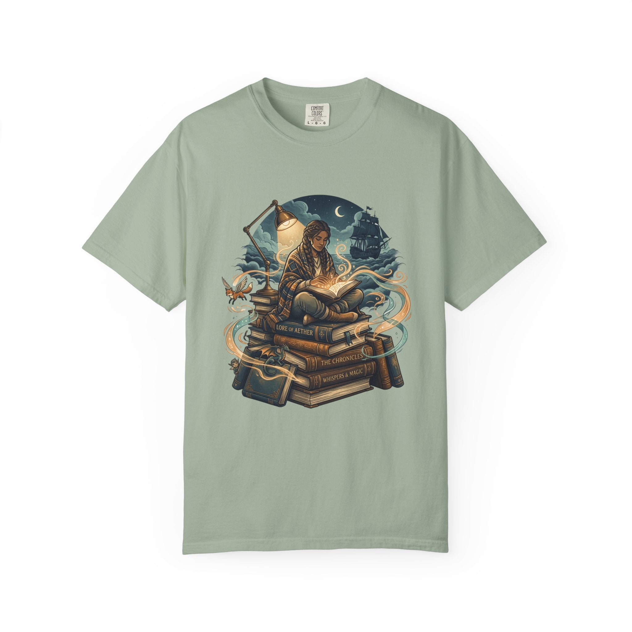 Booklover T-Shirt — Nighttime Reader on Stacked Books Graphic Tee