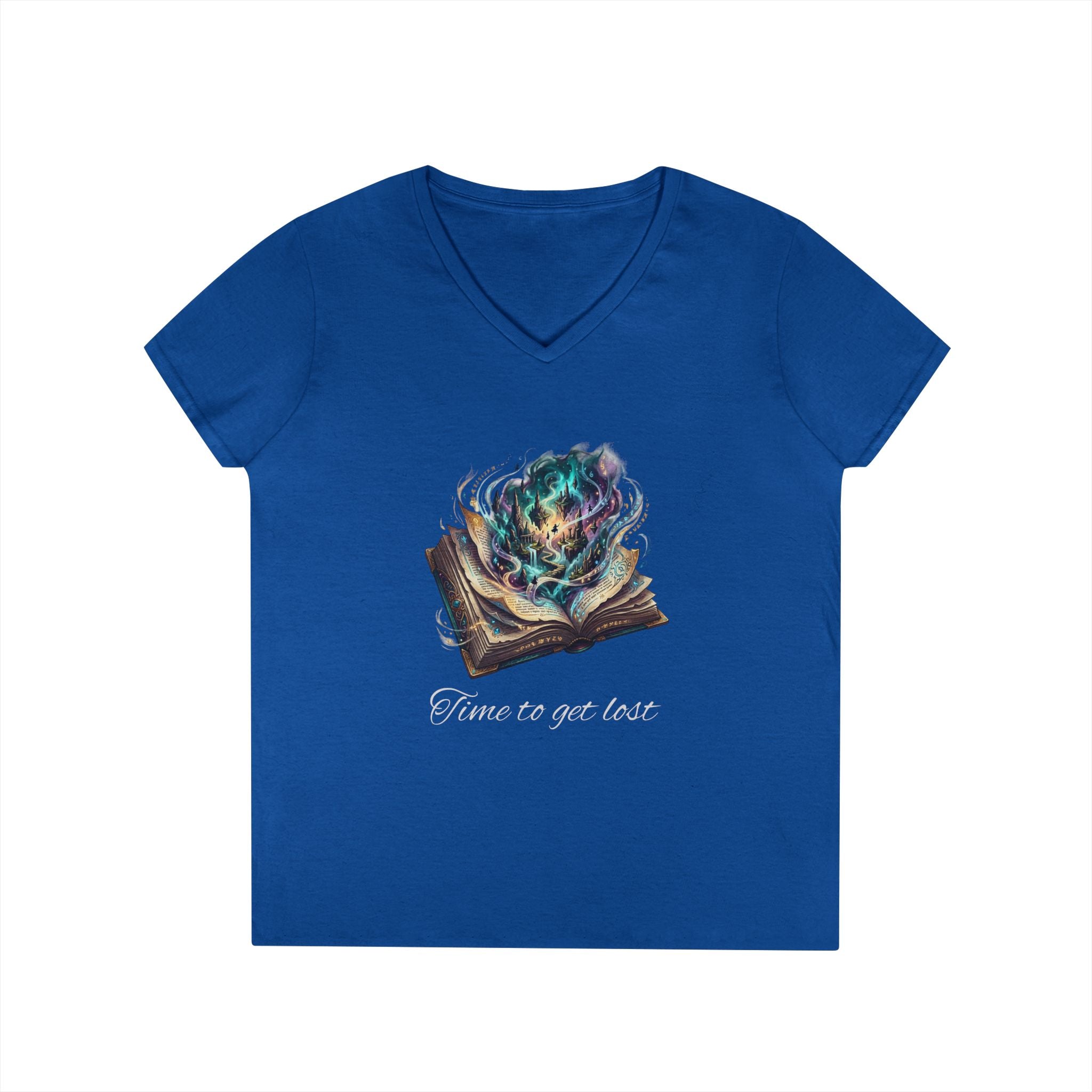 Magic Open Book Ladies' V-Neck T-Shirt — Mystic Flame Reading Tee