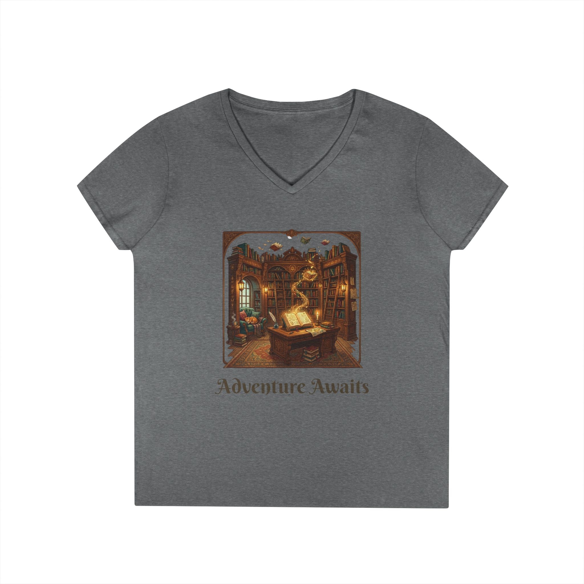 Adventure Awaits V-Neck T-Shirt — Old World Library Graphic