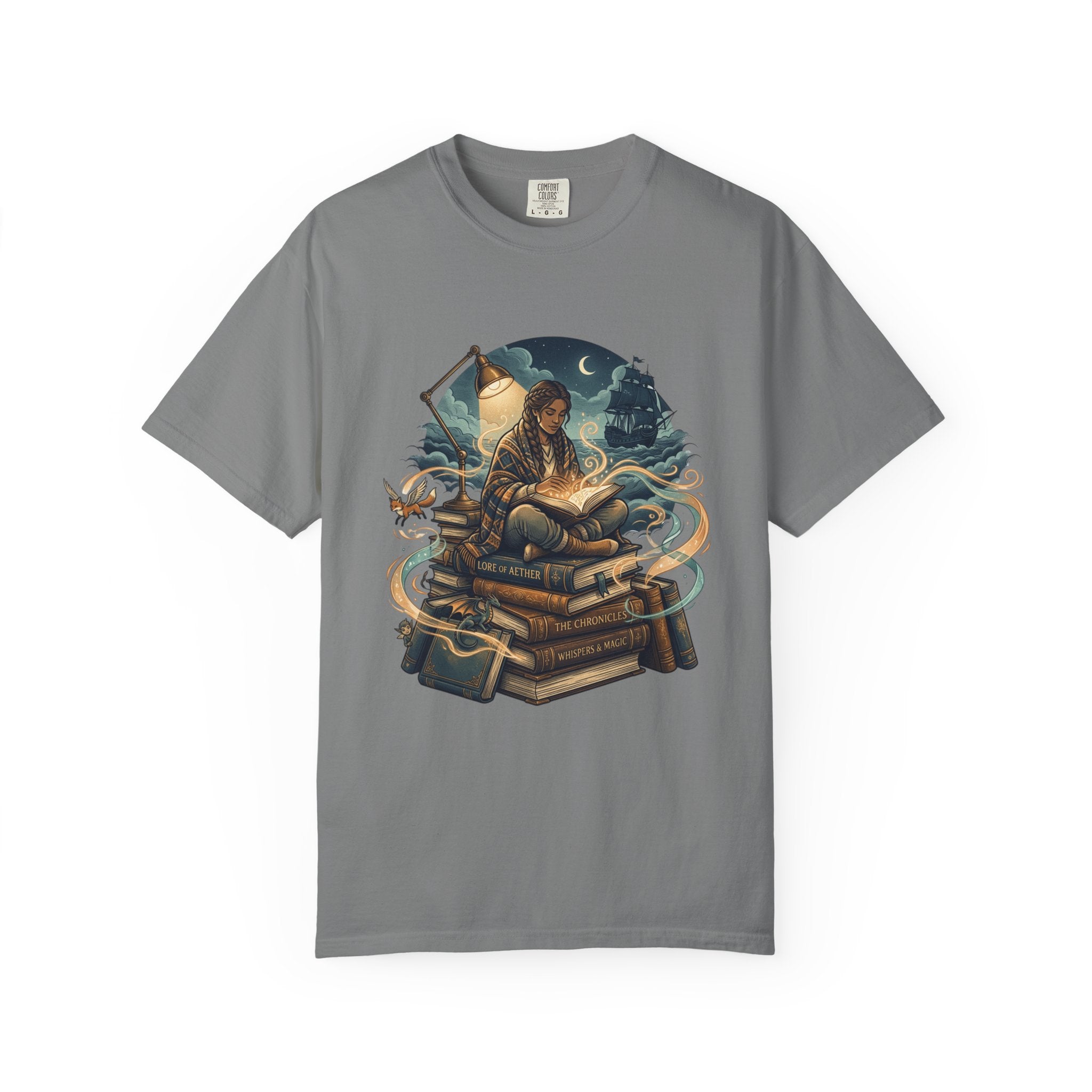 Booklover T-Shirt — Nighttime Reader on Stacked Books Graphic Tee
