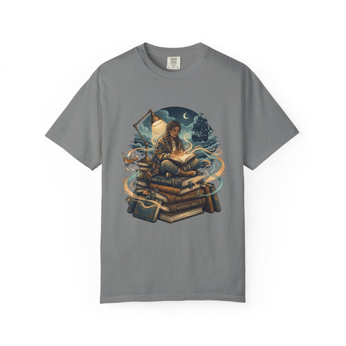 Booklover T-Shirt — Nighttime Reader on Stacked Books Graphic Tee