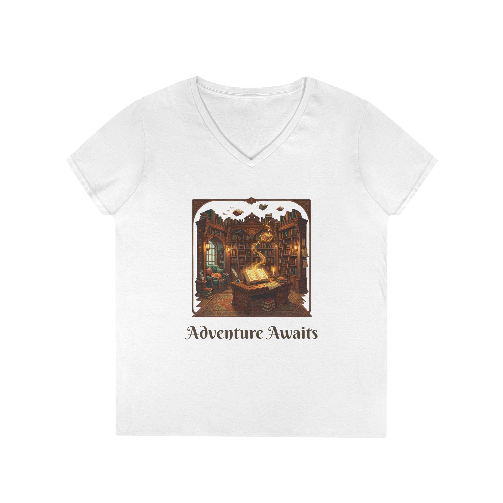 Adventure Awaits V-Neck T-Shirt — Old World Library Graphic