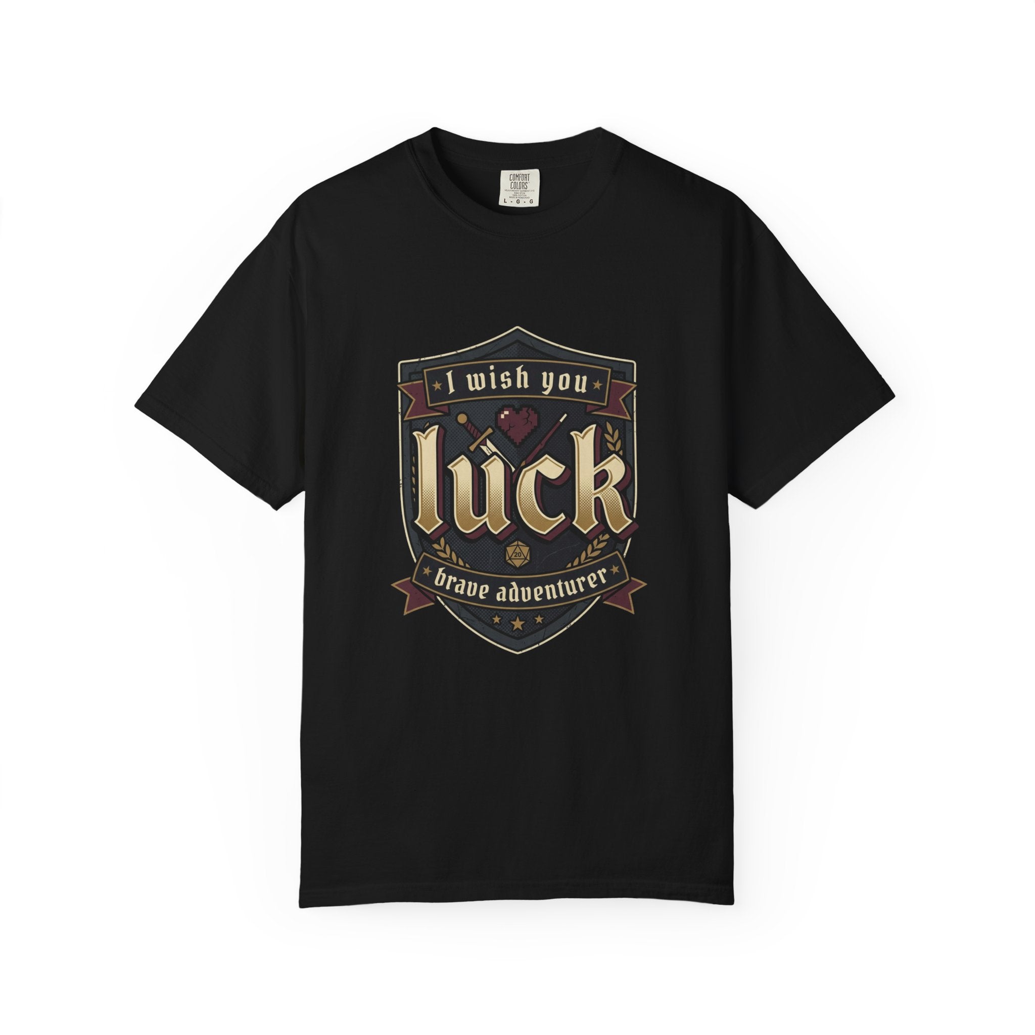 Luck Shield T-Shirt — "I Wish You Luck, Brave Adventurer" Vintage Gaming Tee