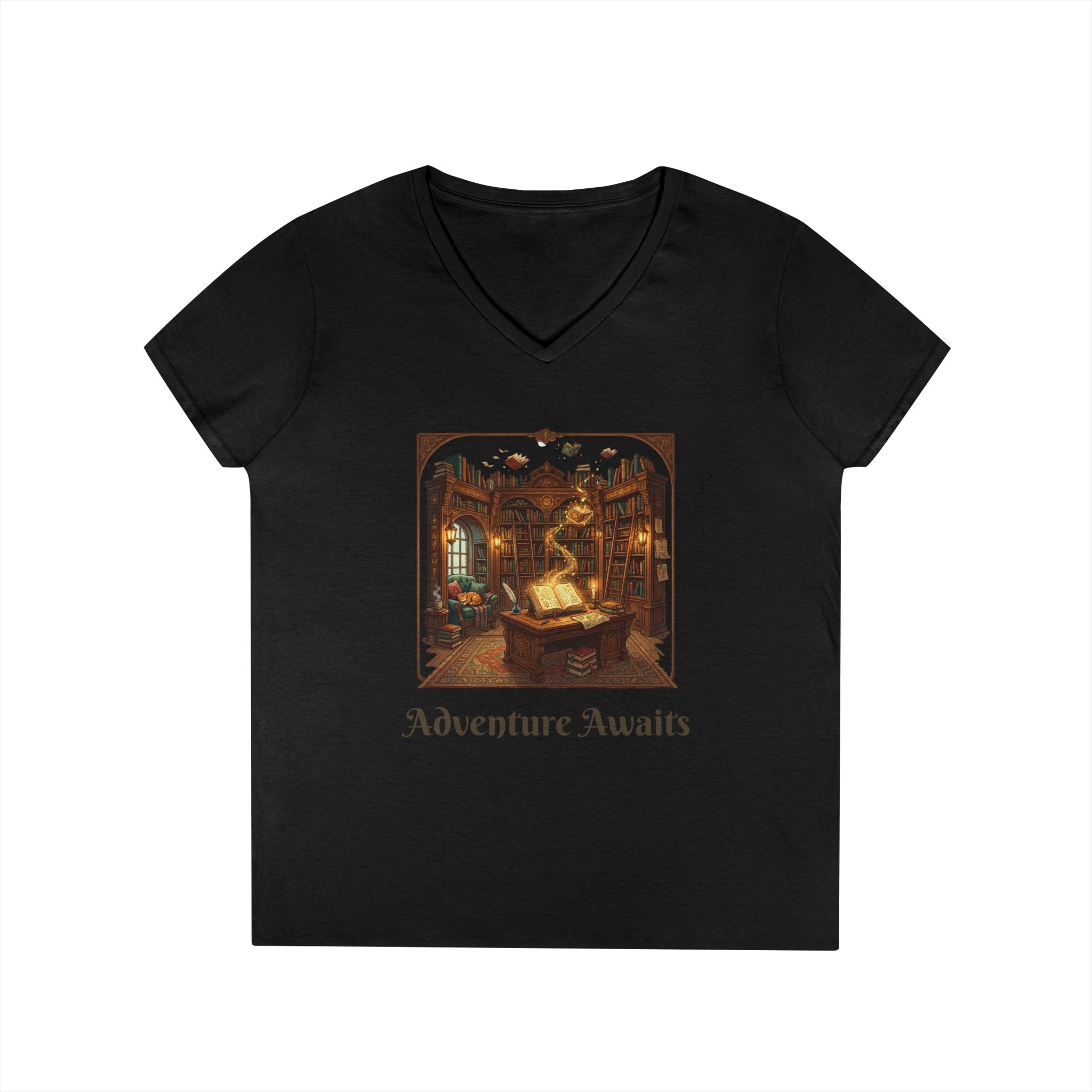 Adventure Awaits V-Neck T-Shirt — Old World Library Graphic