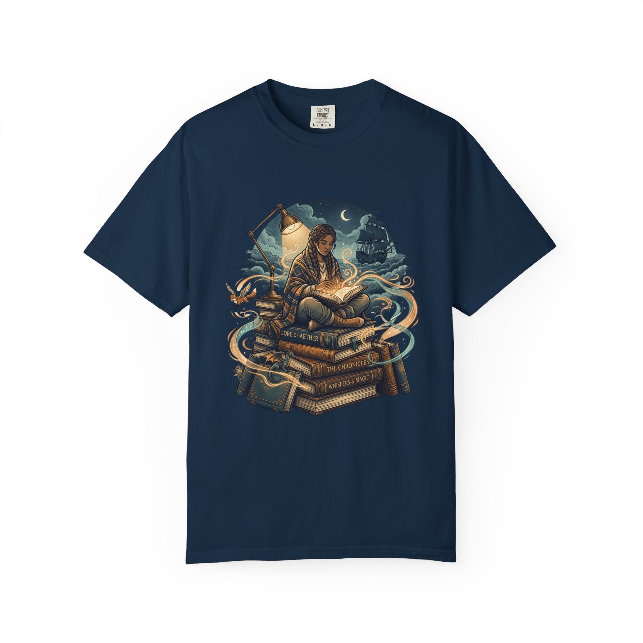 Booklover T-Shirt — Nighttime Reader on Stacked Books Graphic Tee