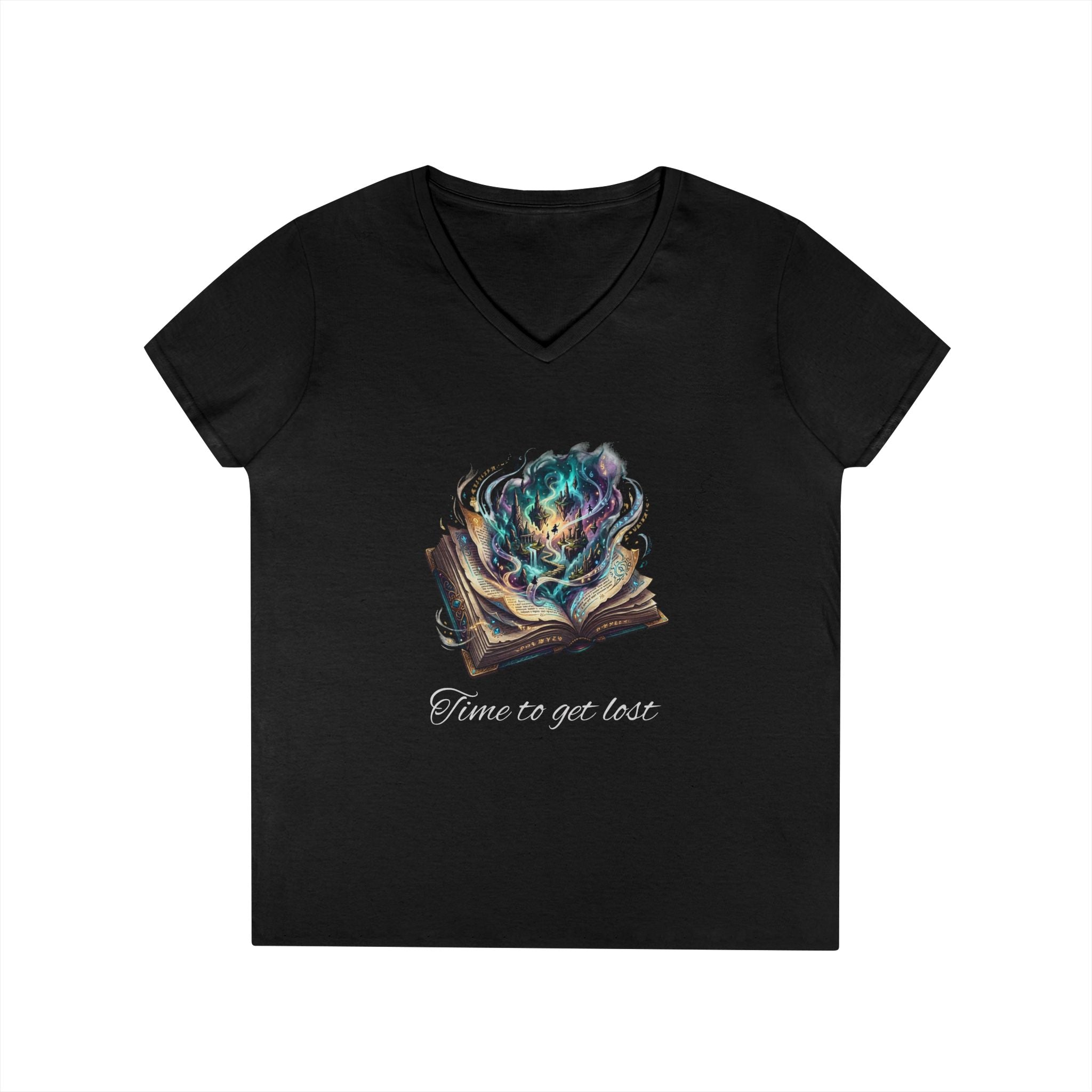 Magic Open Book Ladies' V-Neck T-Shirt — Mystic Flame Reading Tee